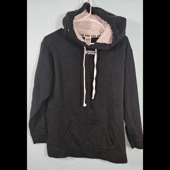 Victoria Secret PINK Black Pullover Hoodie with Sherpa Lining Size XS - Picture 1 of 7